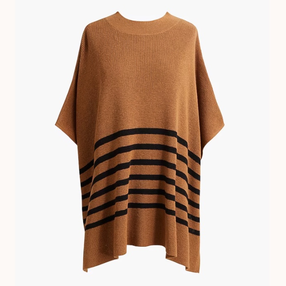 J.Crew Cotton Wool Striped Crewneck Relaxed Poncho Sweater Camel Black Stripe OS